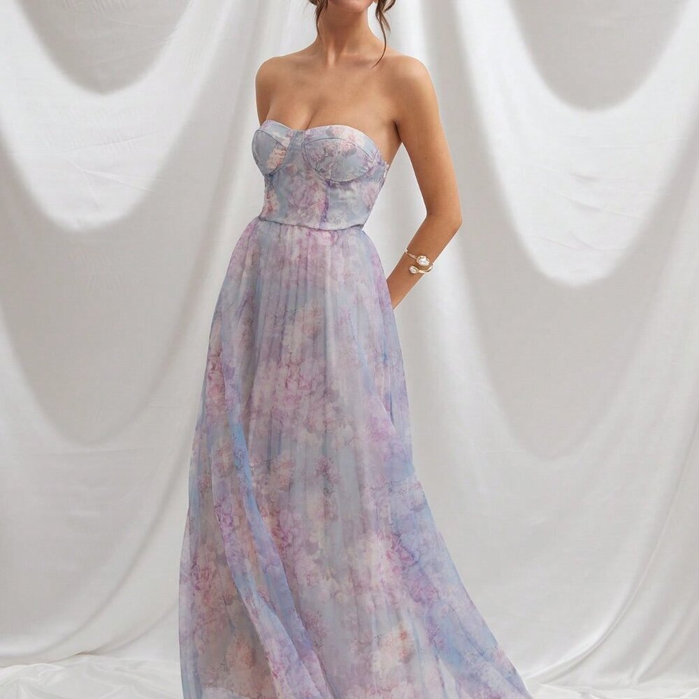 Blue Romantic Floral Women's Maxi Tube Dress